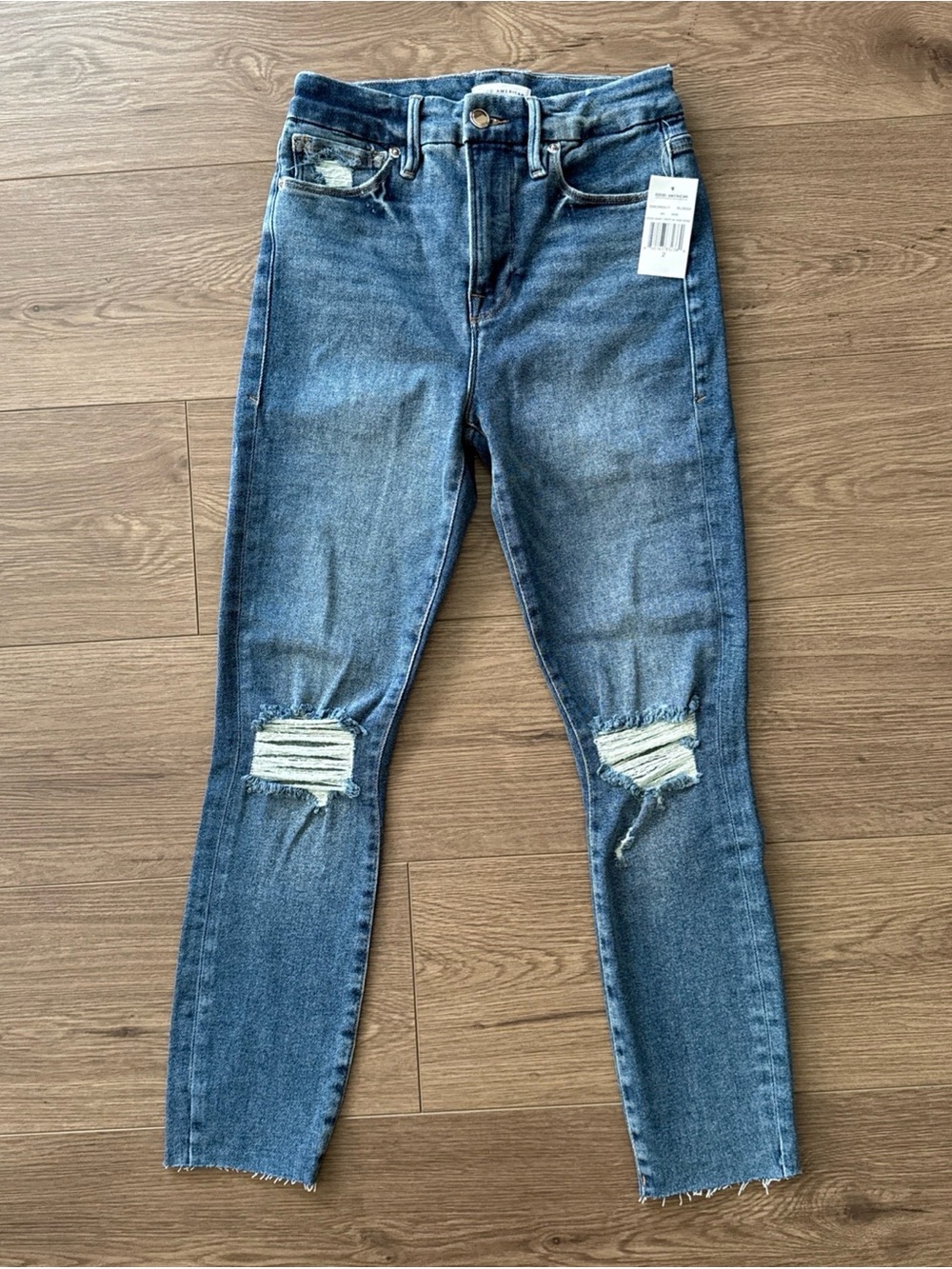 Good American Good Waist Crop Skinny Distressed High-Rise Jeans Medium Blue 2/26